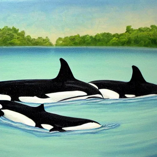 Image similar to a painting of a group of orca's swimming in a lake, a storybook illustration by sarah louisa kilpack, featured on deviantart.