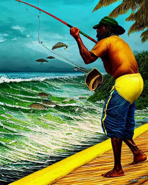 Image similar to Fisherman, Jamaican Male Fisherman, casting fishing rod into the sea, Illustration, Third-Person View, Depth of Field, Colorful with Yellow Green Black Red, insanely detailed and intricate, hypermaximalist, jamaican vibe, hyper realistic, super detailed, by Charlie Bowater, by Karol Bak