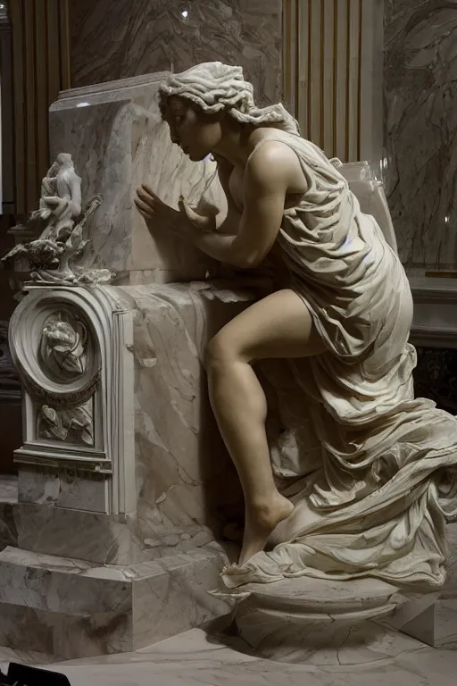 Image similar to marble sculpture of a woman programming the samsara computer, hi tech, dramatic lighting, stunning, visionary, hyper realistic, beautiful, wow, gilt metal, rich marbles, by gian lorenzo bernini, by jean delville, sharp