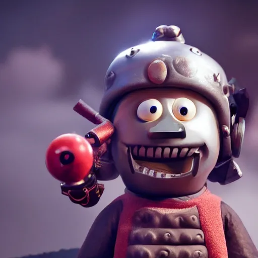 Image similar to scary Godlike masked and helmeted samurai in the style of Wallace and Gromit , award winning , post processing , suspenseful , masterpiece , octane rendered