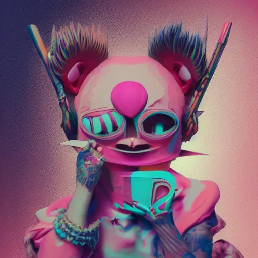 Prompt: misbehaving new pet, in the style of billelis and james jean and pedro conti and stanley kubrick, inspired by die antwoord, kawaii colors, photorealistic, epic, super technical, 3 d render