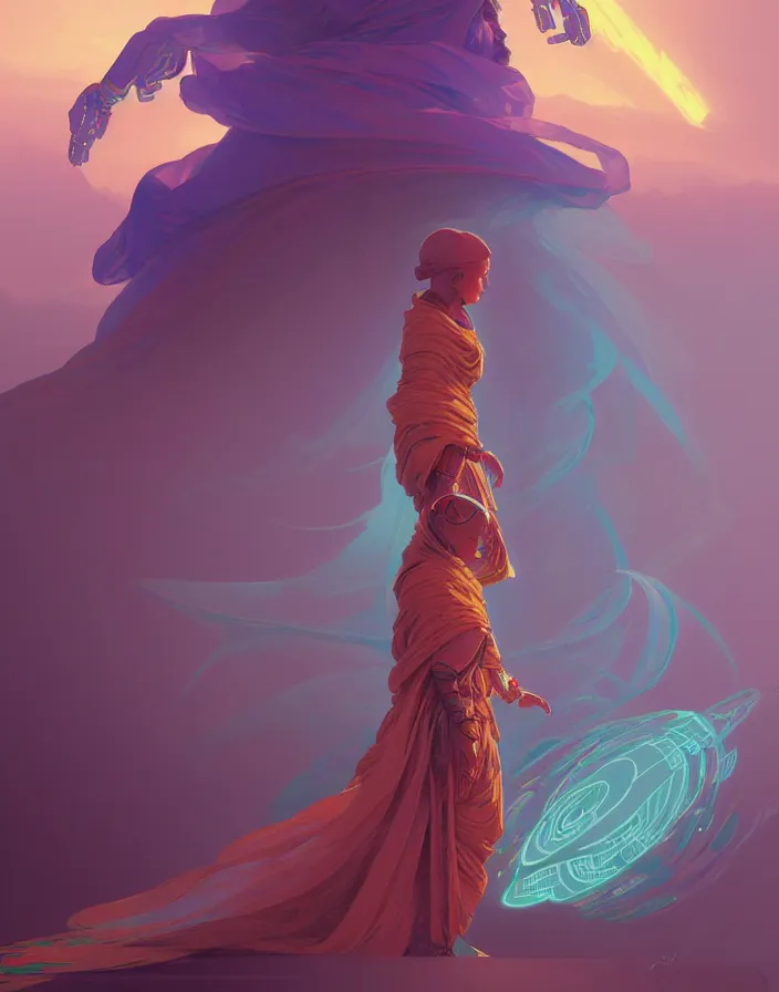 Image similar to a robot monk wearing a flowing cloak, vaporwave aesthetic, colorful, psychedelic, digital painting, artstation, concept art, smooth, sharp focus, illustration, art by artgerm and greg rutkowski and alphonse mucha