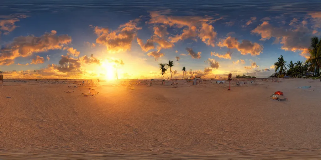 Image similar to 3 6 0 panorama hdr environment map of being on a beach party people music sand light sunset photograph very high detail focus octane render