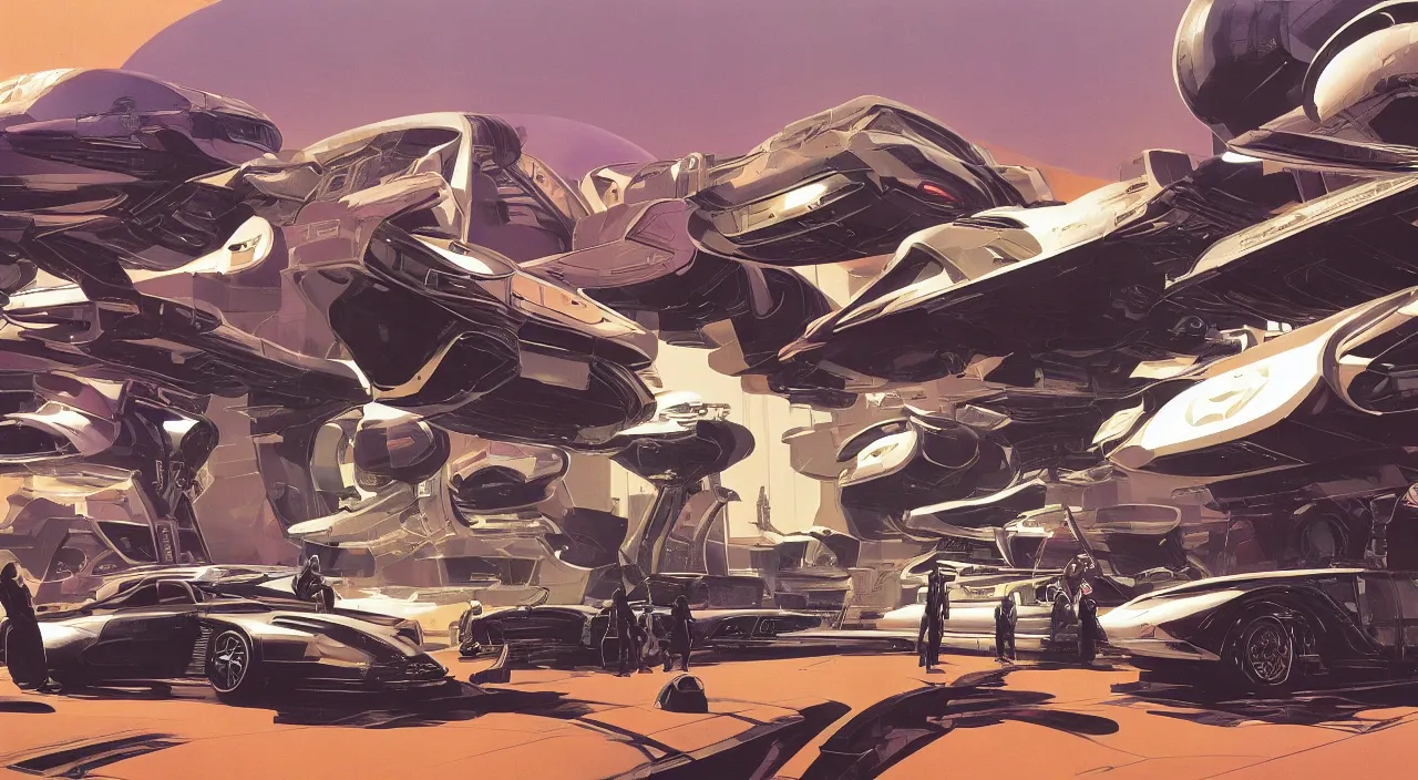 Prompt: Concept art of a utopian galactic society by Syd Mead