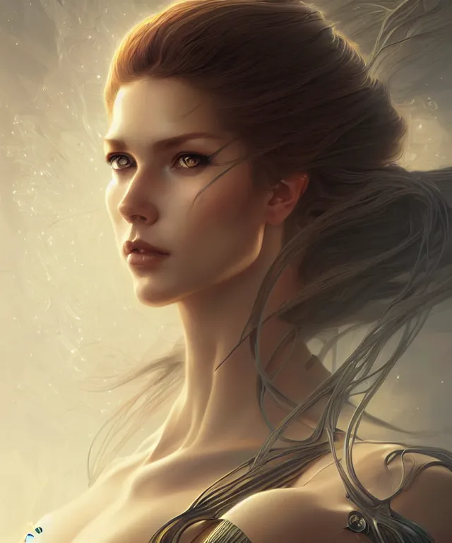 Image similar to futuristic woman portrait, sci-fi, amber eyes, face, long hair, fantasy, intricate, elegant, highly detailed, digital painting, artstation, concept art, smooth, sharp focus, illustration, art by artgerm and greg rutkowski and alphonse mucha