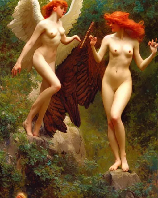 Image similar to harpies find a handsome man in the enchanted valley, painting by gaston bussiere, craig mullins, j. c. leyendecker