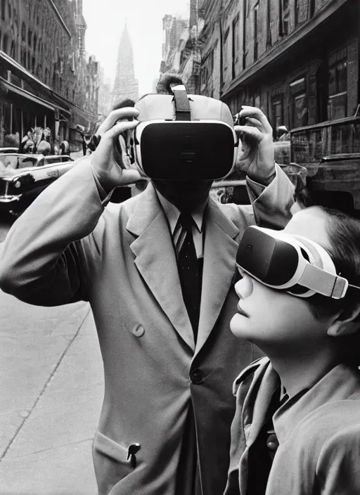 Prompt: 1 9 5 0 people using a vr headset by vivian maier. professional photography.