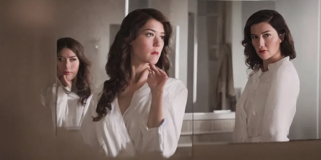 Prompt: ultra wide angle photo of mary elizabeth winstead dressed in a white blouse and black dress pants as diana prince looking at herself in a bathroom mirror and seeing her reflection as wonder woman