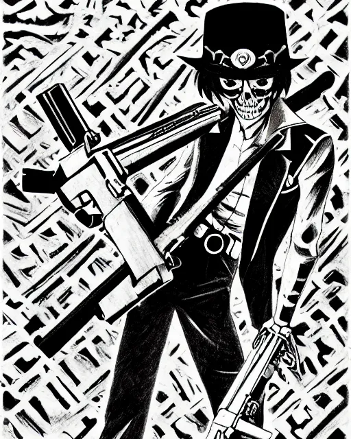 Prompt: shin megami tensei art of a demon that is a skeleton mafia gangster from 1 9 3 0 s holding a tommygun, art by kazuma kaneko, demonic! compedium!, digital drawing, law - alligned, white background, high quality, highly detailed