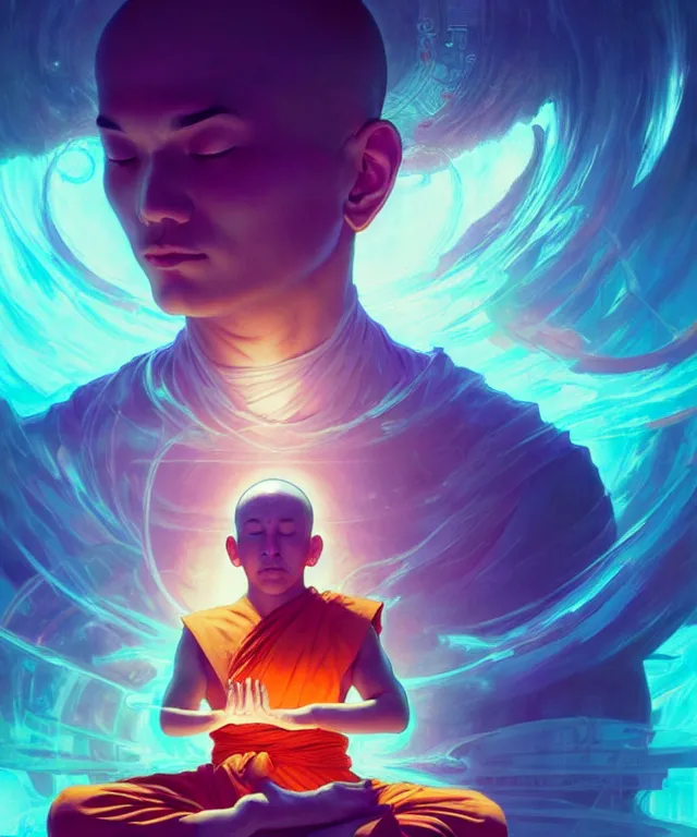 Image similar to a floating monk, meditating, wearing netrunner clothing, vaporwave aesthetic, colorful, psychedelic, digital painting, artstation, concept art, smooth, sharp focus, illustration, art by artgerm and greg rutkowski and alphonse mucha