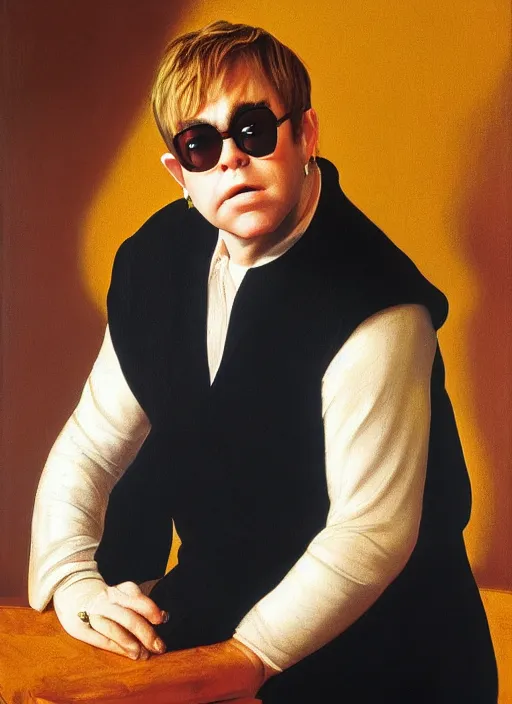 Image similar to portrait of elton john in a golden hour lighting, painted by the caravaggio, 8 k extremely realistic and highly detailed