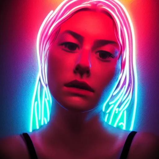 Prompt: realistic fantasy portrait of beautiful sad girl in neon light