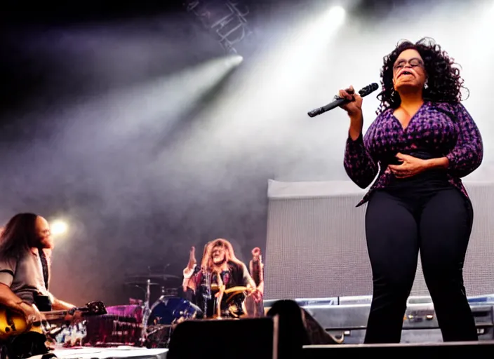 Prompt: publicity photo still of oprah winfrey shredding guitar with every time i die live on stage, 8 k, live concert lighting, mid shot