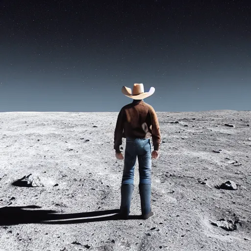 Image similar to cowboy standing on the moon, looking up at earth among the stars, photorealistic, octane render, blender render, unreal engine, 3 5 mm