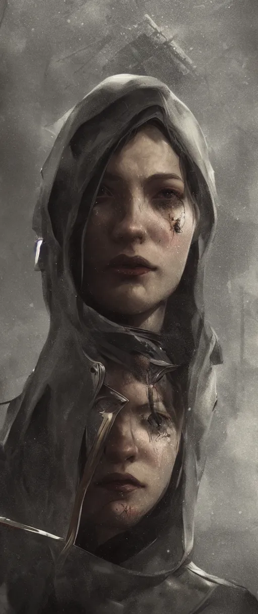 Image similar to realistic portrait Aynami Rei in a Dishonored town , in Dunwall, Dishonored aesthetic, cinematic lighting, rainy weather, melancholy atmosphere, artstation, Dunwall city, gothic architecture, volumetric light, octane render, Dishonored game, Dishonored 1, atmosphere or depression and despair