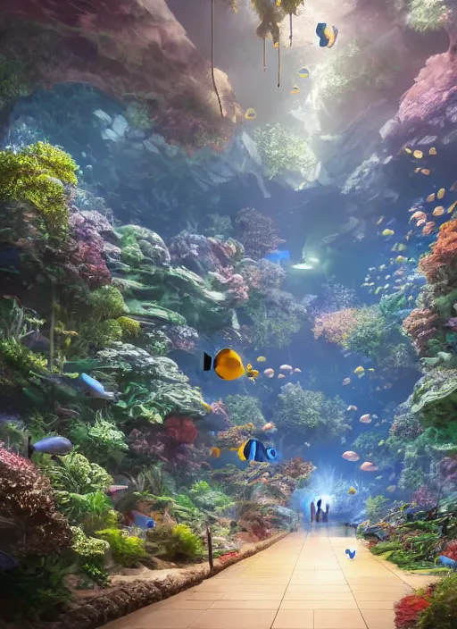 Prompt: an underground aquarium corridor with people observing lots of beautiful fish, fantastic space, water droplets, highly detailed, artstation trend, highly detailed and intricate, makoto shinkai, no blur, photography, unreal engine 5