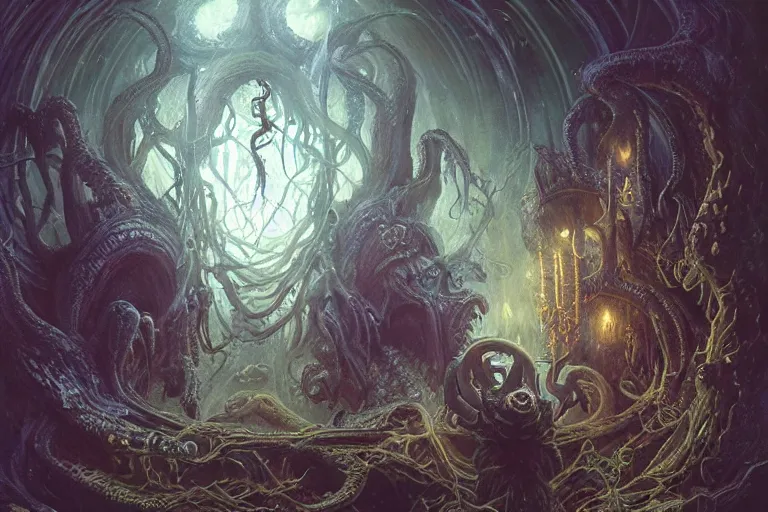 Image similar to a lovecraftian painting of a demonic shrine, occult, moster summoning, warlocks ritual, cosmic horror elements, ultra realistic, concept art, intricate details, eerie, highly detailed, photorealistic, octane render, 8 k, unreal engine. art by artgerm and greg rutkowski and alphonse mucha