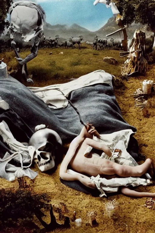 Prompt: a little ill donkey in bed covered with bandages, matte painting of skulls landscape by Ray Harryhausen