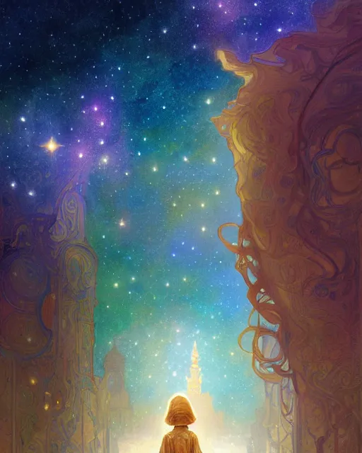 Image similar to bedouin child praying in galaxy walking towards mosque surrounded by nebula, highly detailed, gold filigree, romantic storybook fantasy, soft cinematic lighting, award, disney concept art watercolor illustration by mandy jurgens and alphonse mucha and alena aenami, pastel color palette, featured on artstation