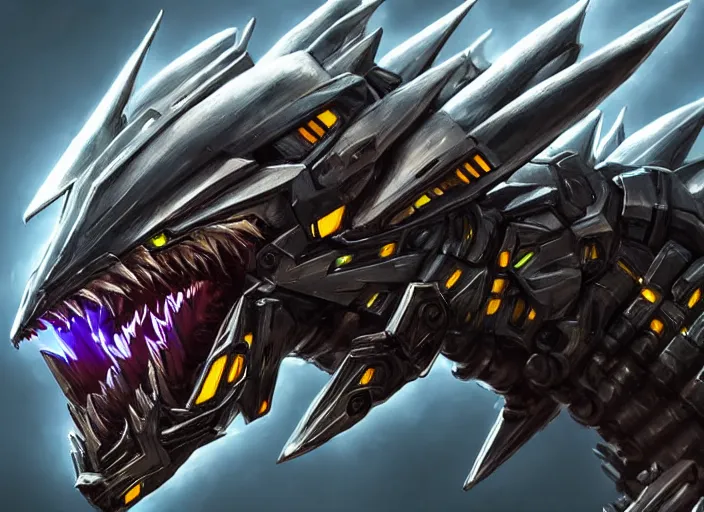 Image similar to hyper realistic, epic, highly detailed cinematic shot of a gigantic feral robot mecha canine, sharp dragon claws, detailed glowing head, metal ears, cannon mounted on back, sleek armor, glowing visor, detailed sharp claws, digital art, furry art, macro art, dragon art, furaffinity, deviantart, sofurry