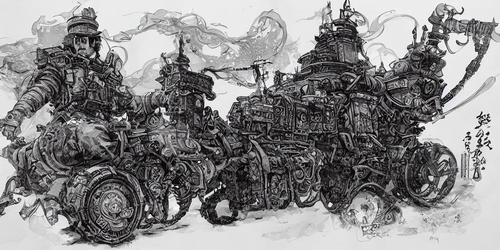 Image similar to a cold highly detailed ink sketch of a dieselpunk palace by kim jung gi in the style of oriental art, dynamic lighting
