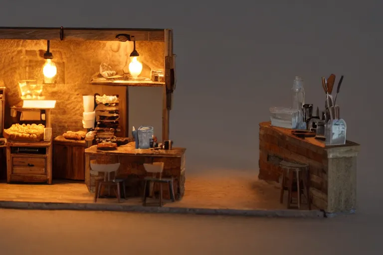 Prompt: Miniature rustic bakery, volumetric lighting