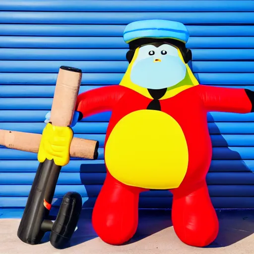 Image similar to big mean fat blue guy with an inflatable hammer