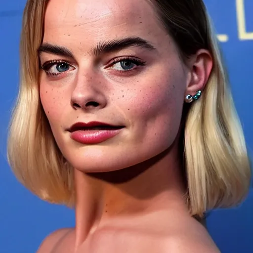 Image similar to a woman who is a genetic combination of margot robbie and emma watson face and upper - body focus