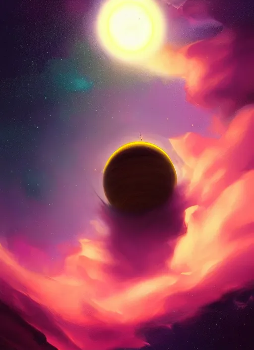 Image similar to epic portrait cinematic shot an yellow planet with a pink atmosphere orbiting around a blue star in space, glowing, stars, nebuale, atmospheric, fine details. night setting. realistic shaded lighting poster by craig mullism, artgerm, jeremy lipkin and michael garmash, unreal engine, radiant light, detailed and intricate environment, digital art, trending on art station,