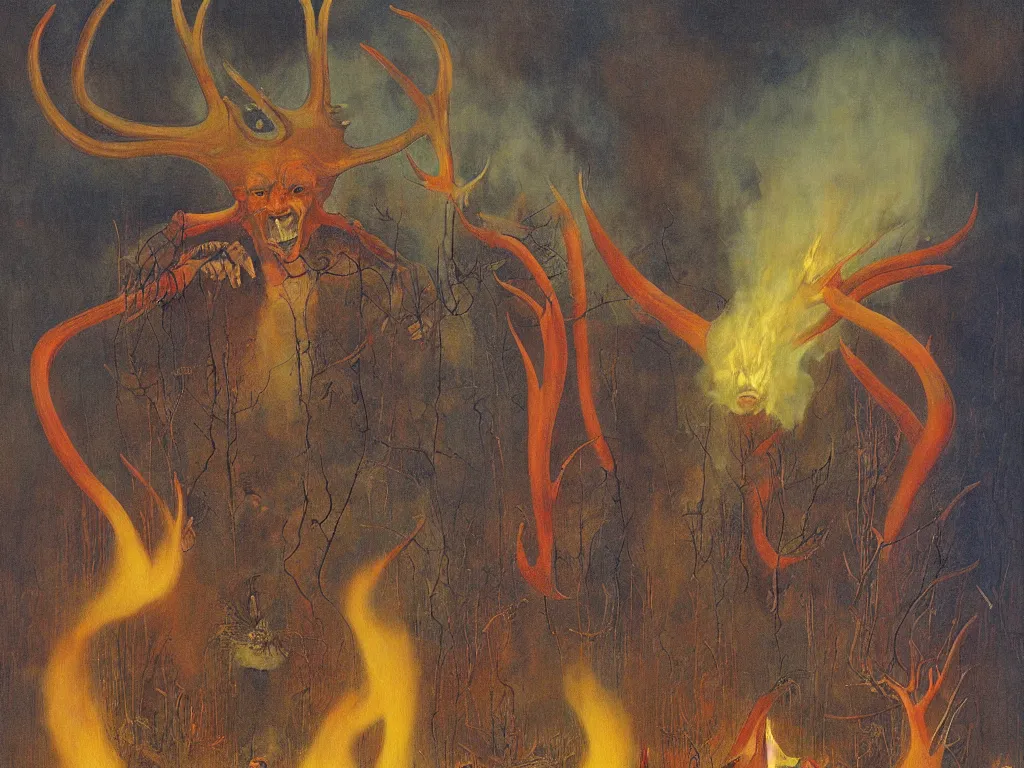 Image similar to devil with antlers burning with a flamethrower the lily. painting by mikalojus konstantinas ciurlionis, bosch, wayne barlowe, agnes pelton, rene magritte