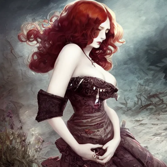 Image similar to christina hendricks!!!!! goth!!!!!, tankoban, 4 k, tone mapping, akihiko yoshida, james jean andrei riabovitchev marc simonetti, yoshitaka amano, long hair, curly, h. hydrochaeri