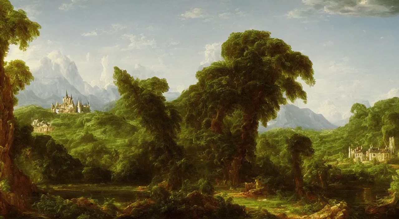 Prompt: a landscape painting of a French castle, with a garden, by Thomas Cole