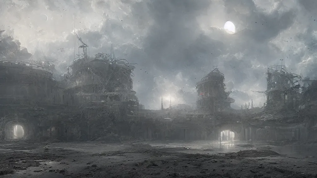 Prompt: landing in the abandoned space port, andreas achenbach, artgerm, mikko lagerstedt, zack snyder, tokujin yoshioka