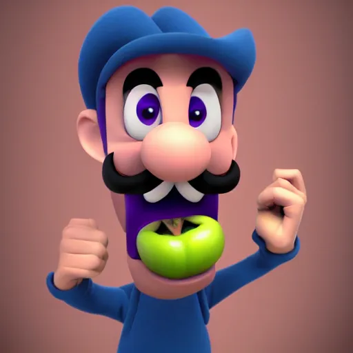 Image similar to waluigi eating apple, 3 d digital painting, cgsociety, artwork, 8 k, hyperdetalied,