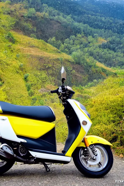 Prompt: yamaha dio with yellow, carbon and white paintjob, mountainroad background, midday, 5 0 ccm engine, race style, custom scooter, dslr, 8 5 mm, f / 1. 3