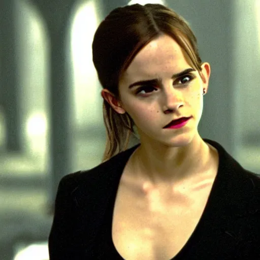 Image similar to Movie still of Emma Watson in Matrix, establishing shot