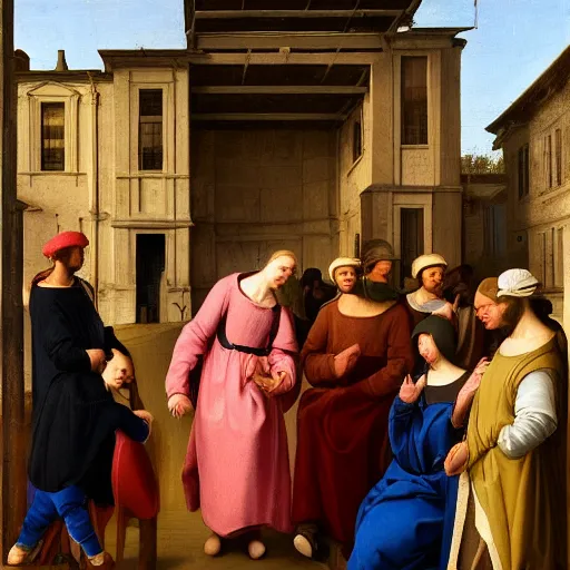 Prompt: people wearing cap hoodies, streetware, in the streets in renaissance painting style