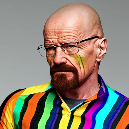 Prompt: walter white wears a very colorful rainbow shirt