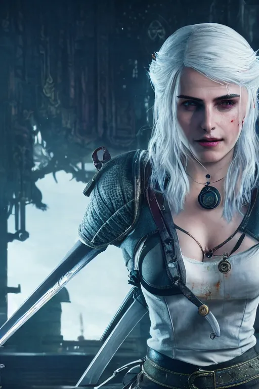 Image similar to A film still of ciri from the Witcher 3 as a cyberpunk 2077 loading screen, highly detailed, digital painting, artstation, concept art, sharp focus, illustration, cinematic lighting, art by artgerm and greg rutkowski and alphonse mucha diffuse lighting, fantasy, intricate, elegant, highly detailed, lifelike, photorealistic, digital painting, artstation, illustration, concept art, smooth, sharp focus, art by John Collier and Albert Aublet and Krenz Cushart and Artem Demura and Alphonse Mucha