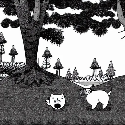 Image similar to tubbs from neko atsume walking through the forest, woodland creatures in the background, b & w, 4 k,