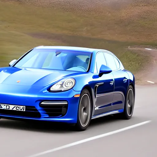 Prompt: a blue Porsche Panamera driving