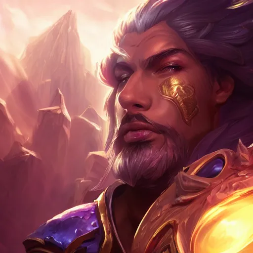 Image similar to portrait of babylon high priest, league of legends amazing splashscreen artwork, legends of runeterra, splash art, natural light, elegant, photorealistic facial features, intricate, fantasy, detailed face, atmospheric lighting, anamorphic lens flare, cinematic lighting, league of legends splash art, hd wallpaper, ultra high details by greg rutkowski