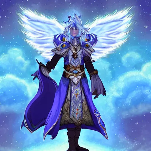 Prompt: character sheet of a starry blue fox druid wearing magic imbued peacock mage robes made from nebulous starry clouds with fairy lights inside the clouds to resemble stars, cloud mage robes, dungeons and dragons, fantasy art, in the style of the legend of vox machina on amazon prime