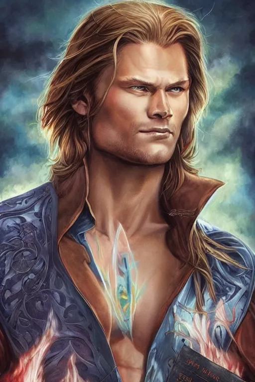 Image similar to muscular sam winchester as a mage tattooed in the cover of an acotar book, sarah j. maas, d & d!, fantasy style, sharp focus!, ultra detailed, art by artgerm, wlop, ilya kuvshinov