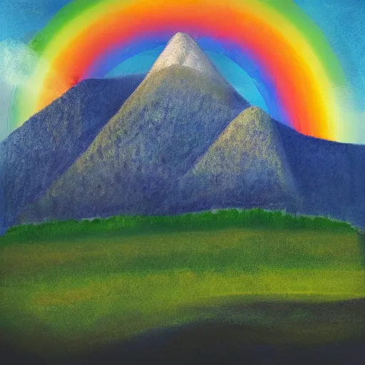 Image similar to a mountain portrait with in the sky a rainbow