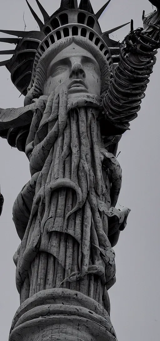 Prompt: the statue of liberty overtaken by black tendrils and mechanical parts, body horror, horror, scary, dark, creepy,