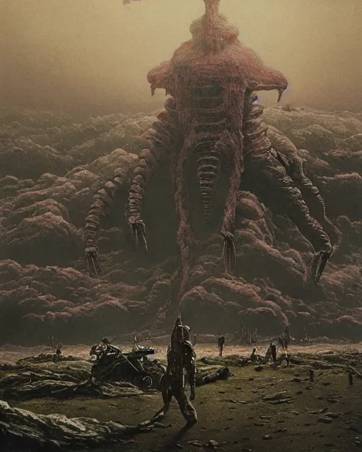 Image similar to group of scientists around giant dead kaiju, retrofuturism sci - fi old movie, highly detailed, photorealistic, 8 k, by beksinski and stalenhag