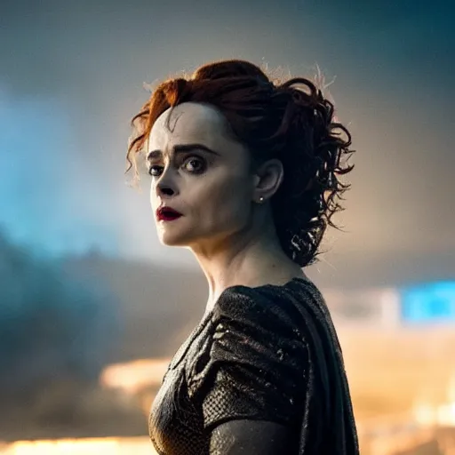 Prompt: film still of helena bonham carter as loki in the new marvel movie, 8 k, cinematic lighting