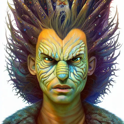 Prompt: lucky labyrinth mohawk scales generator portrait by gaston bussierre and charles vess and james jean and erik jones and rhads, inspired by rick and morty, epic, funny, huge scale, beautiful fine face features, intricate high details, sharp, ultradetailed