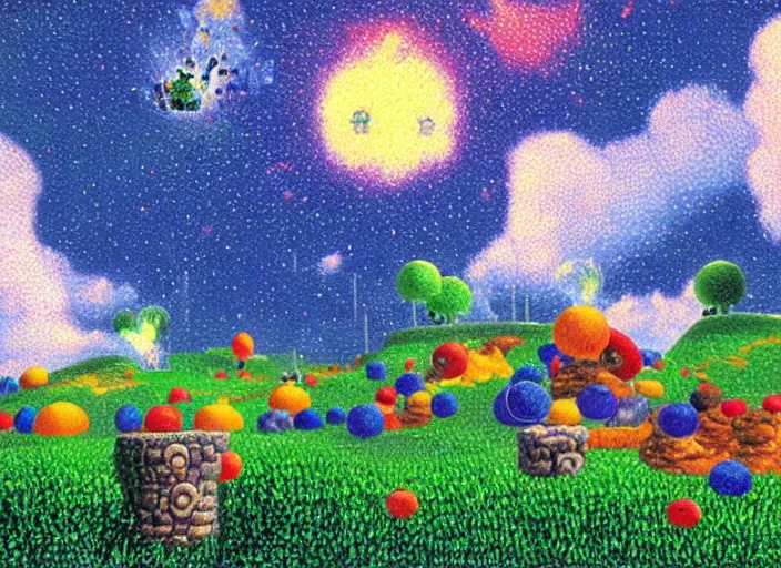 Image similar to pointillism painting of bomb - omb battlefield ( super mario 6 4 ), highly detailed